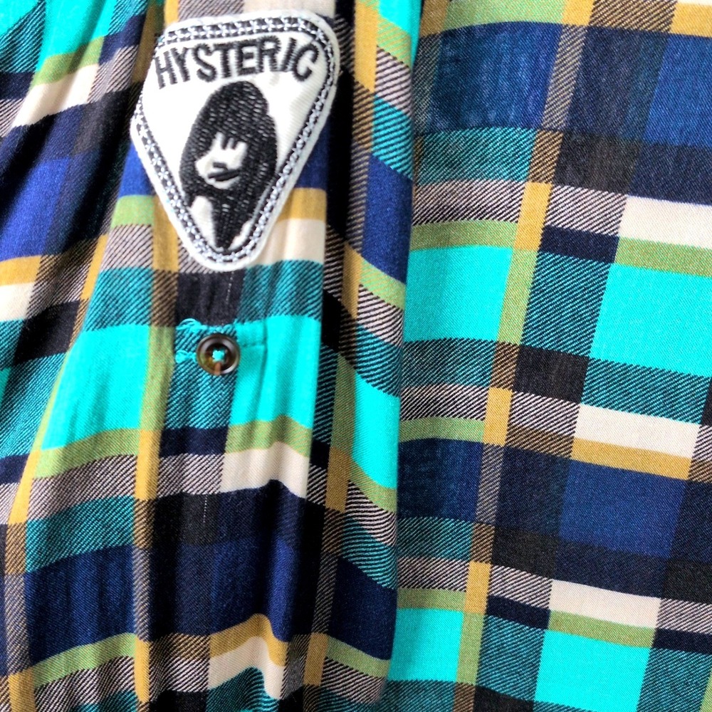Umgee Women 1XL Tunic Shirt Teal Navy Plaid Oversized Patch High Low WA9865 - Picture 8 of 12
